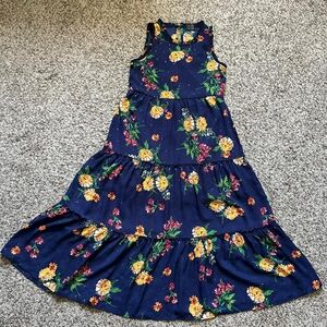 Zunie Girls S (7/8) Size Navy Floral Tiered Ruffle Maxi Dress Sleeveless Summer